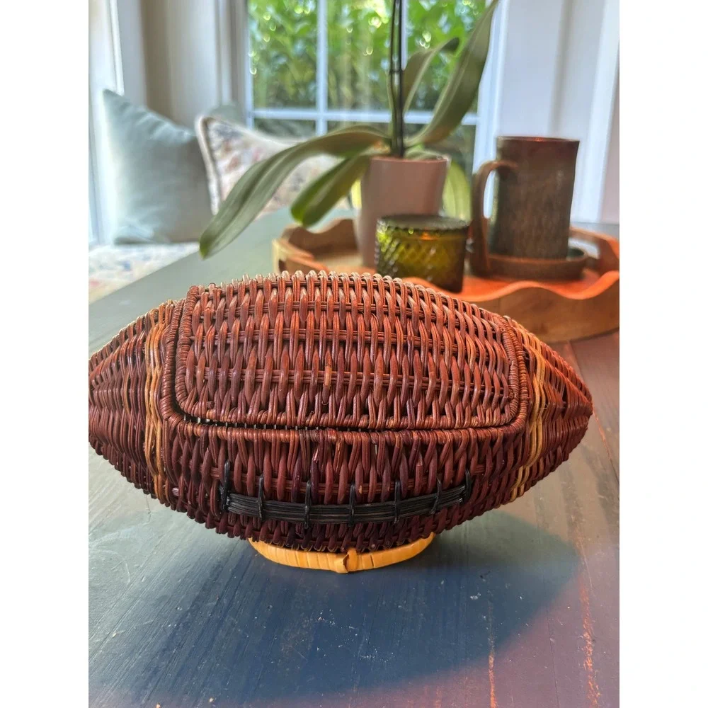 Vintage Wicker Football Basket with Lid Hand Woven Sports Decor Brown